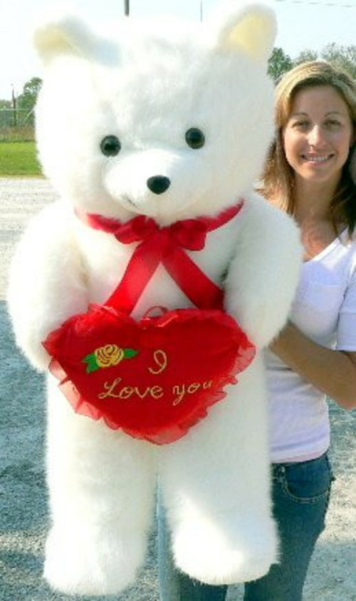 American Made Giant White Teddy Bear Holding I Love You Heart Pillow
